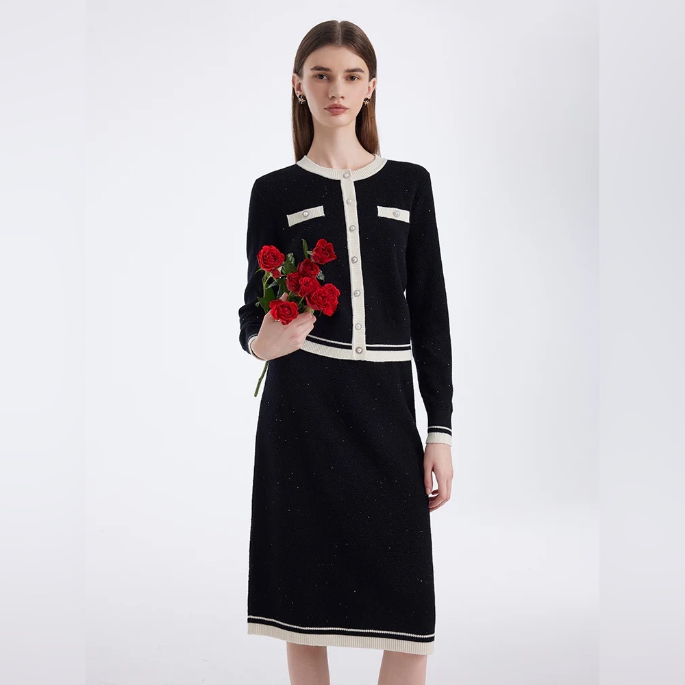 Contrast Trim Sequins Knitted Cardigan And Skirt Two-Piece Set Luxurious